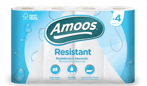 Pack de 4 rolos de cozinha Amoos Resistant de folha dupla em embalagem azul