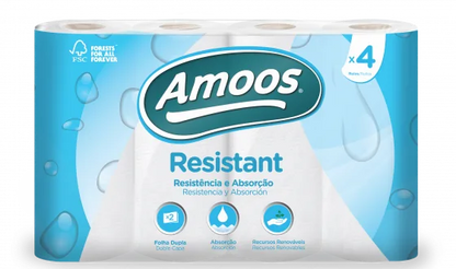 Pack de 4 rolos de cozinha Amoos Resistant de folha dupla em embalagem azul