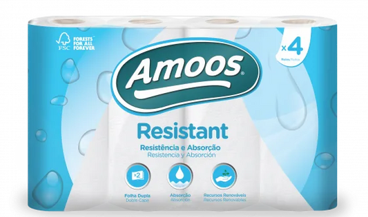 Pack de 4 rolos de cozinha Amoos Resistant de folha dupla em embalagem azul