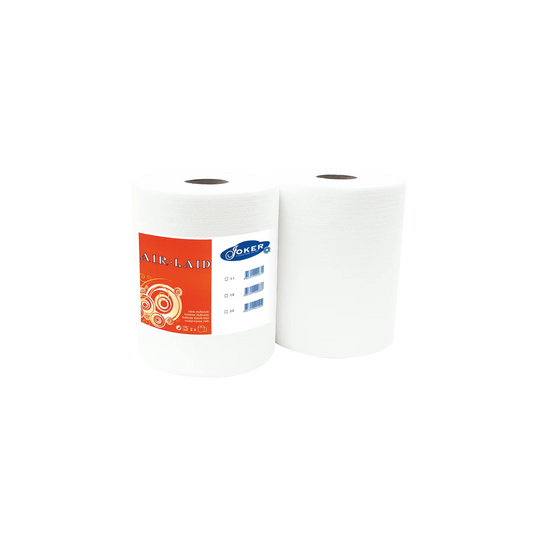 Dois rolos de papel industrial multiusos Joker Air Laid, um deles com etiqueta