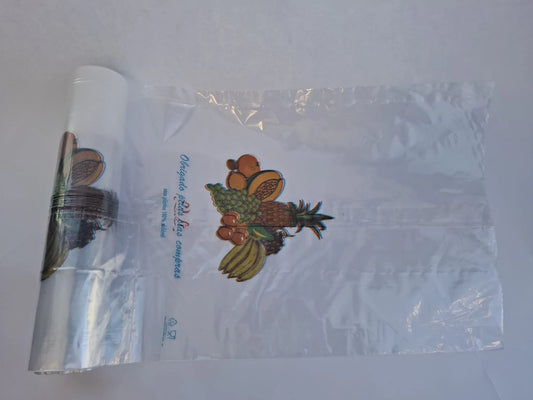 Rolo PEBD impresso fruta 1 kg, com o saco desenrolado e a estampa de frutas à vista