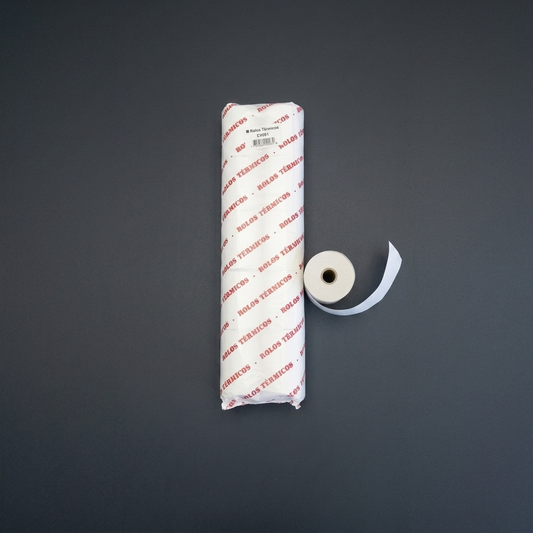 Rolo de papel térmico para POS sobre fundo escuro — RAS Embalagens