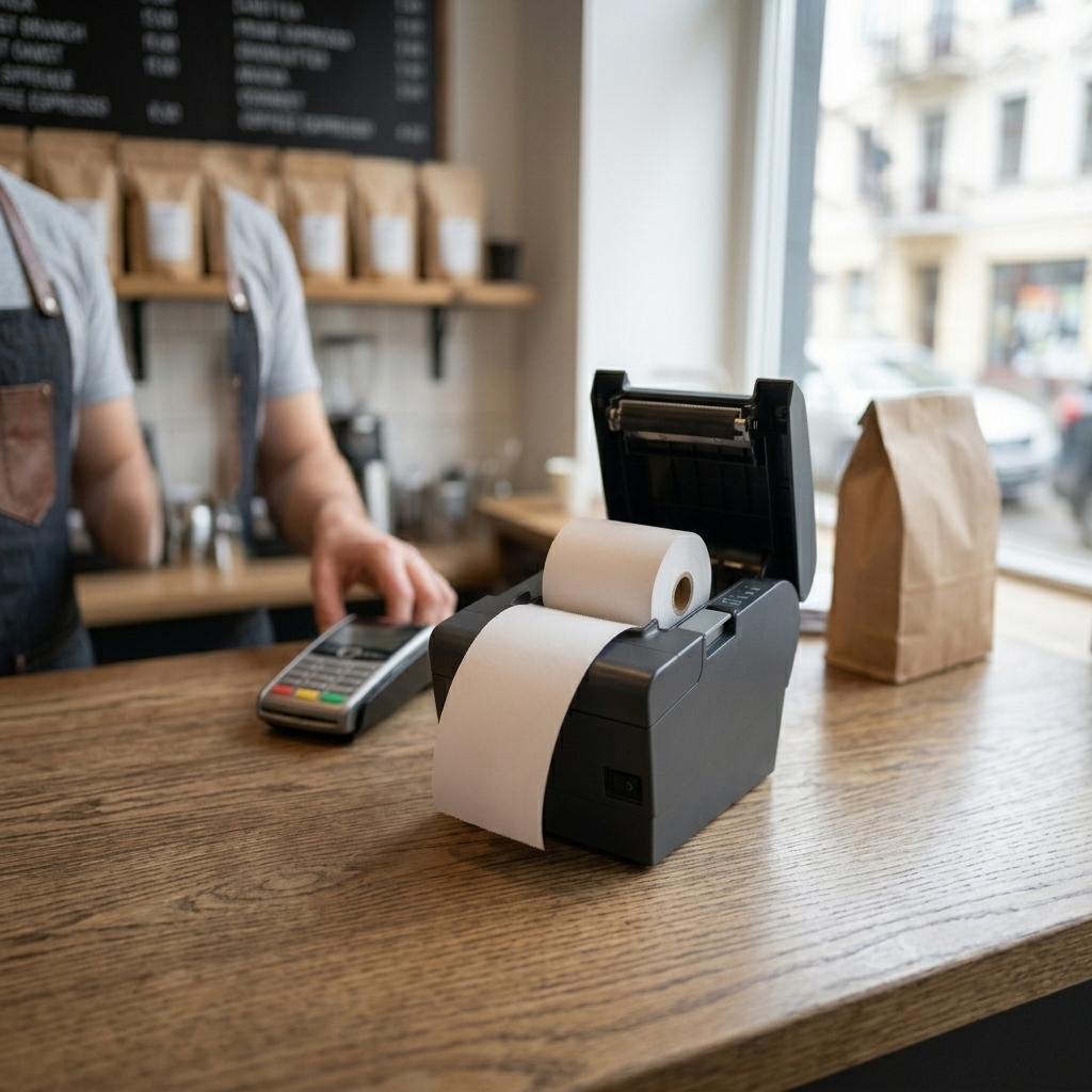 Rolo de papel térmico junto a um terminal de pagamento — RAS Embalagens