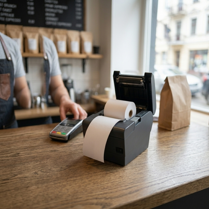 Rolo de papel térmico junto a um terminal de pagamento — RAS Embalagens