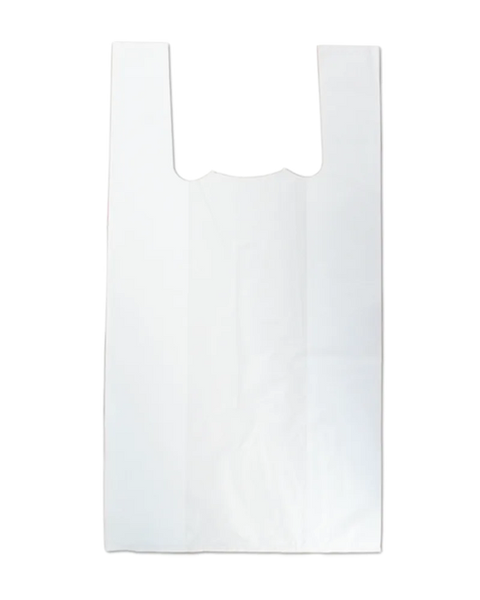 Saco de alça de plástico branco, aberto e estendido em fundo cinzento