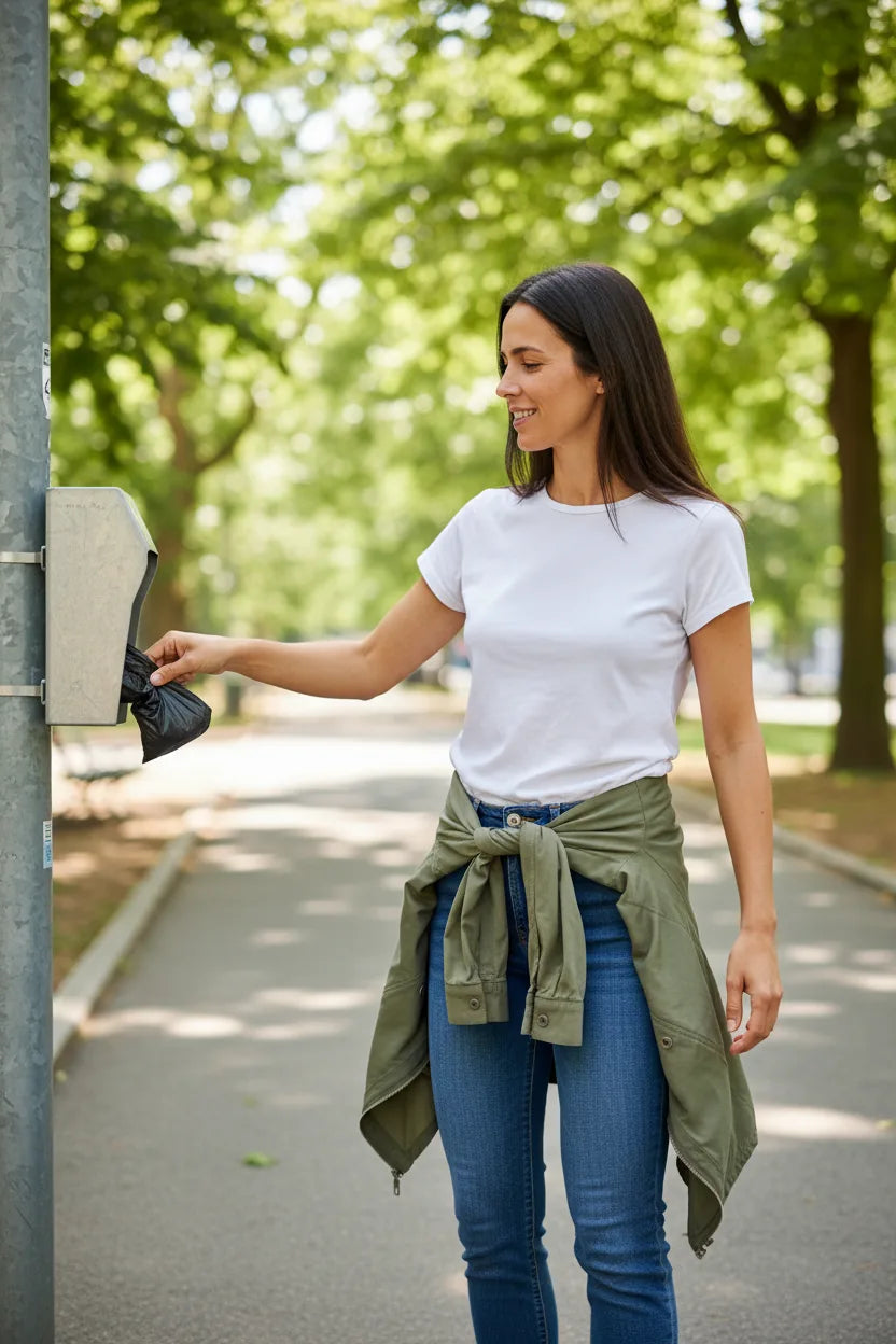 Mulher a tirar um saco para dejetos caninos de um dispensador num parque