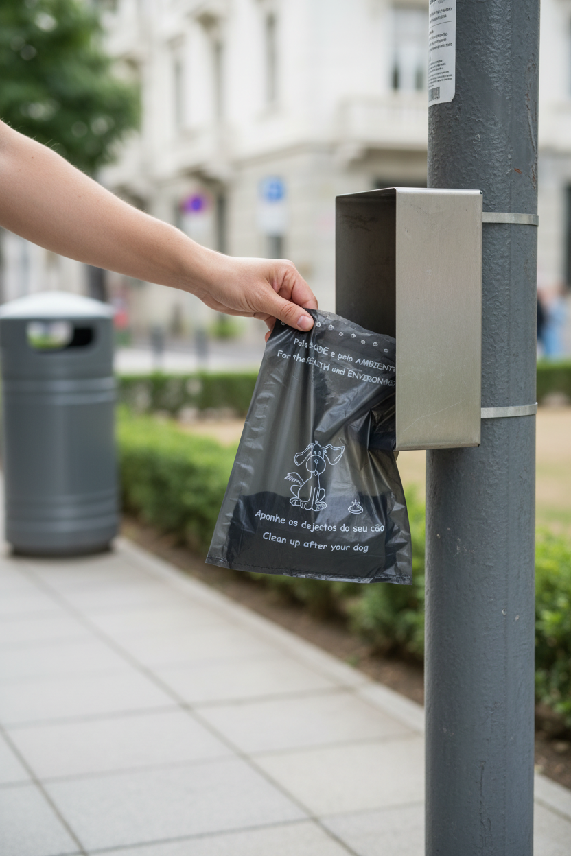 Mão a retirar um saco para dejetos caninos de um dispensador urbano — RAS Embalagens
