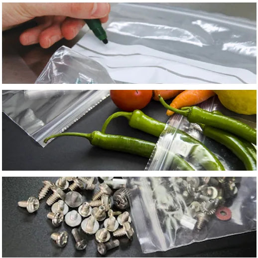 Três exemplos de sacos de fecho zip: a ser escritos, com malaguetas e legumes e com parafusos