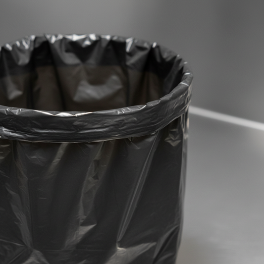 Saco de lixo preto AD a forrar um cesto, textura fosca — RAS Embalagens