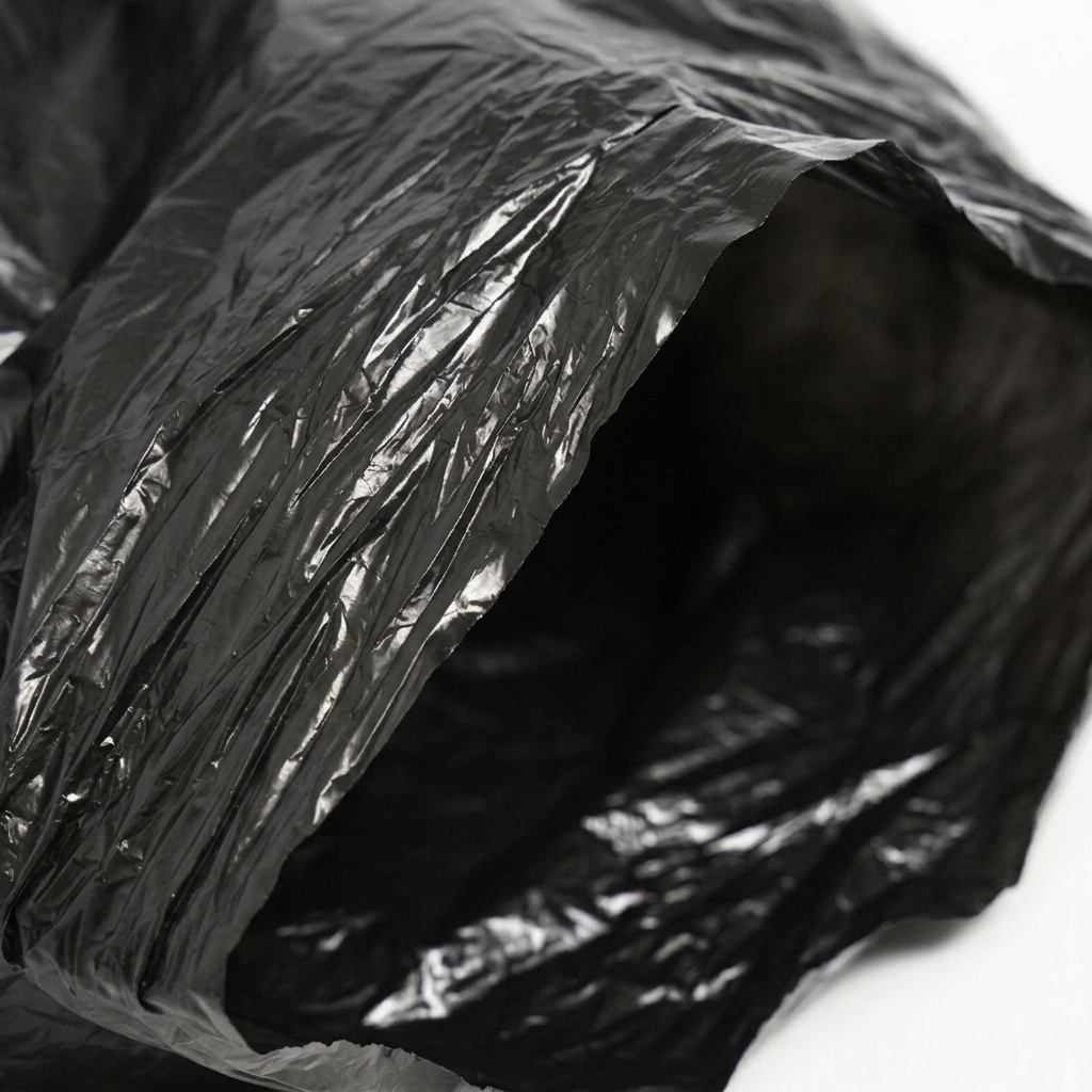 Detalhe do plástico preto de alta densidade de um saco de lixo AD — RAS Embalagens