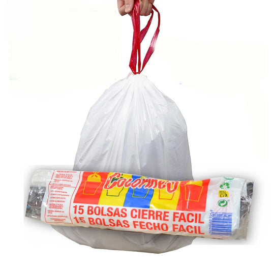 Saco do lixo branco com fecho fácil vermelho seguro pela fita, à frente de um rolo de 15 sacos Colorines