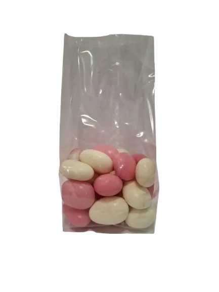 Saco OPP transparente 125 com drageias cor-de-rosa e brancas