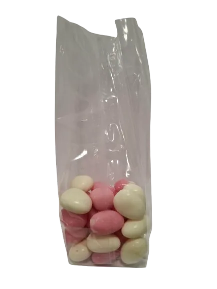 Saco OPP transparente 250 com drageias cor-de-rosa e brancas