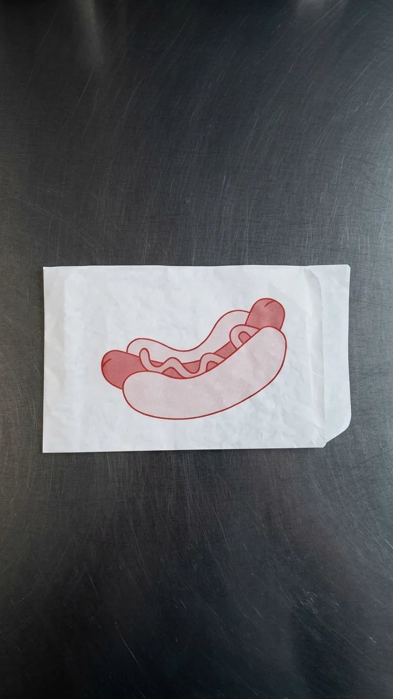Cachorro-quente num saco de papel para take-away, plano aproximado