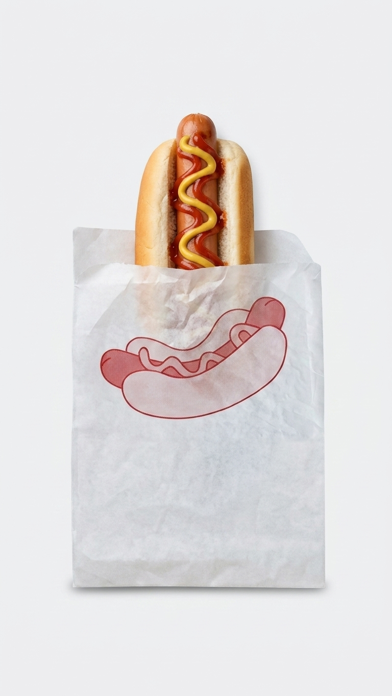 Cachorro-quente servido num saco de papel para take-away em fundo branco