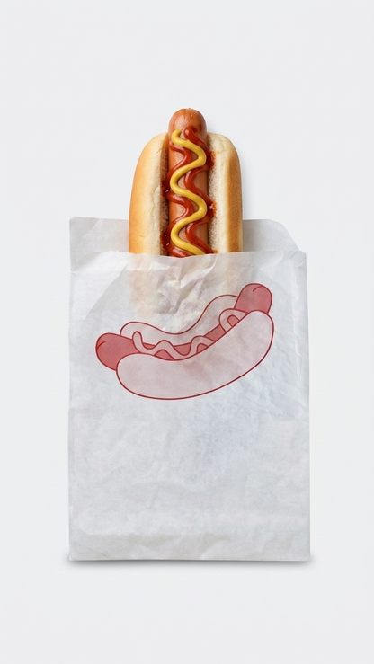Cachorro-quente servido num saco de papel para take-away em fundo branco