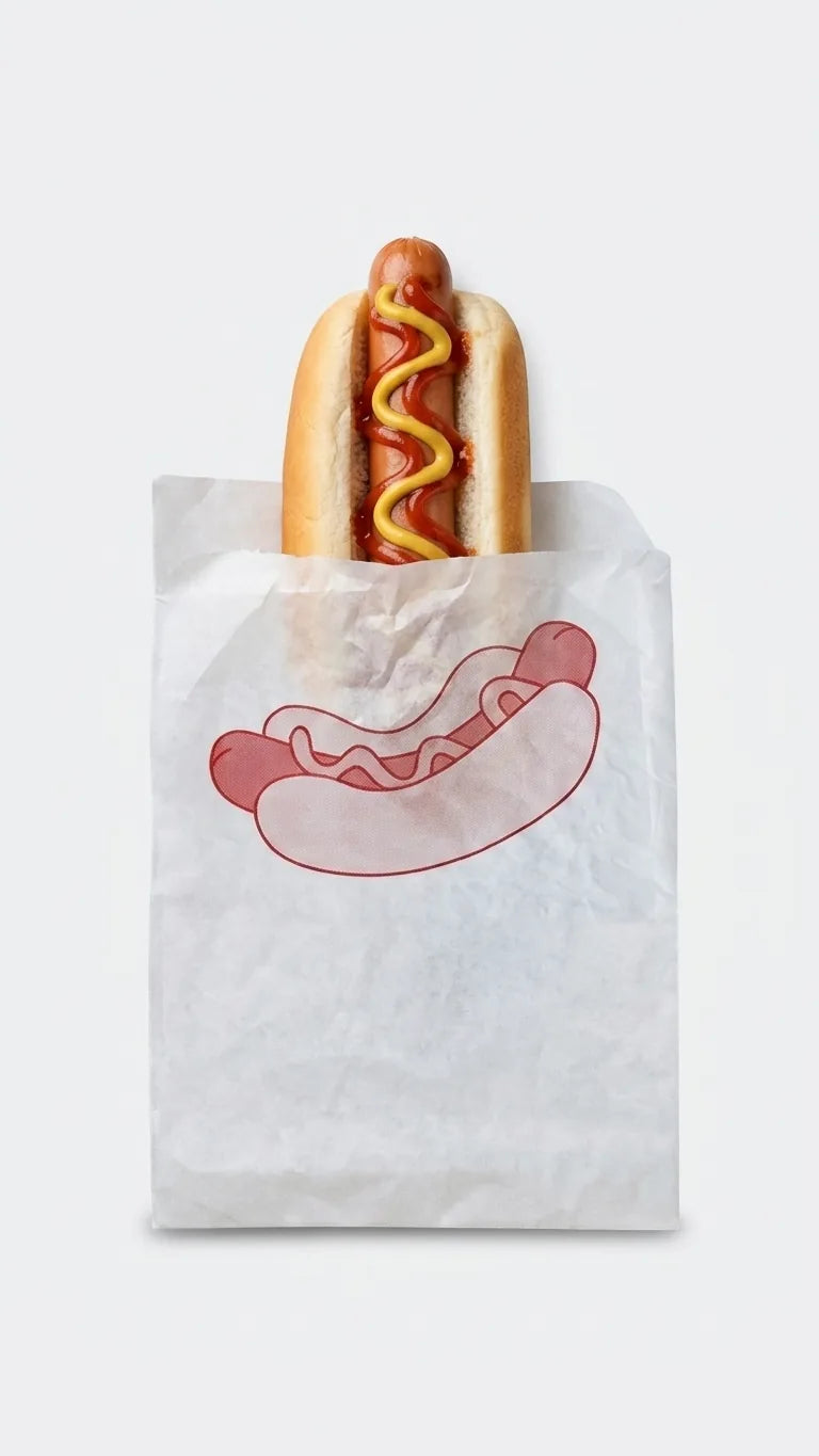 Cachorro-quente servido num saco de papel para take-away em fundo branco