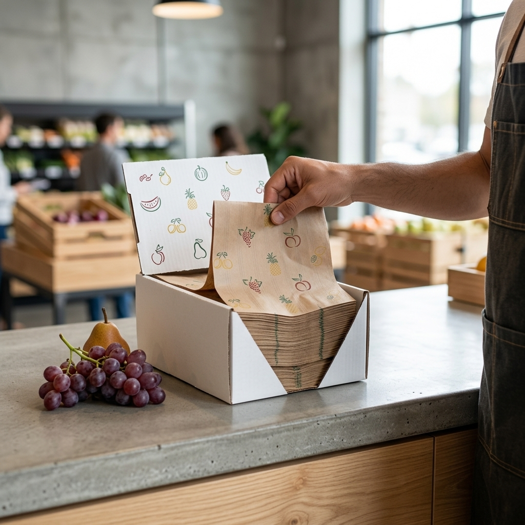 Sacos de papel kraft para fruta pousados num balcão — RAS Embalagens