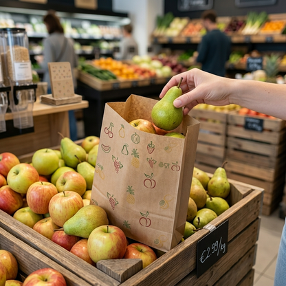 Sacos de papel kraft para fruta numa banca de fruta — RAS Embalagens