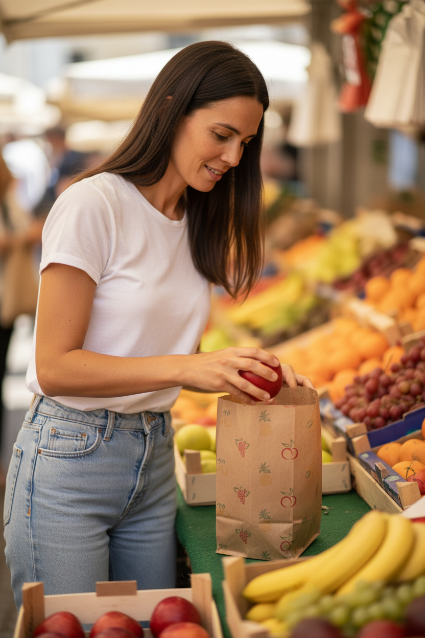 Cliente numa frutaria com um saco de papel kraft para fruta — RAS Embalagens