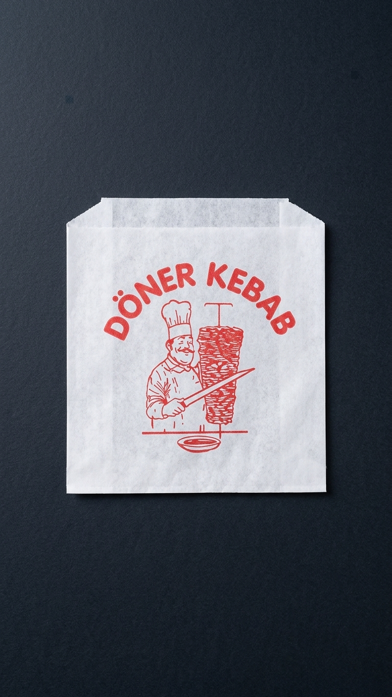 Saco de papel para döner kebab sobre fundo escuro