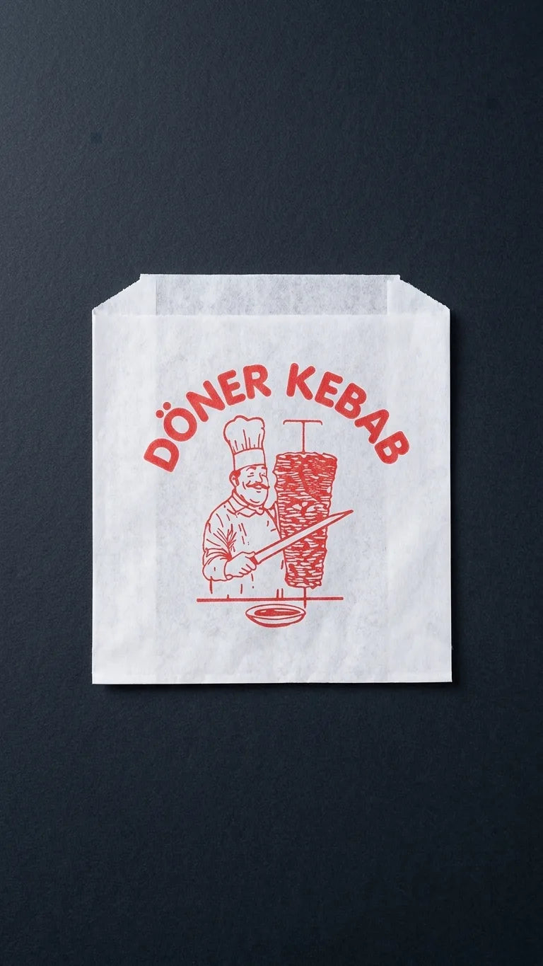 Saco de papel para döner kebab sobre fundo escuro