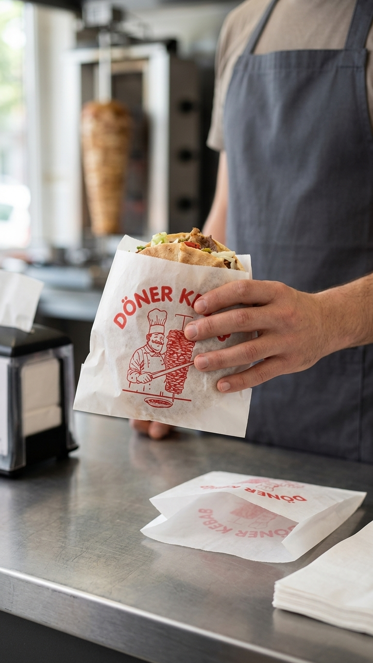 Döner kebab servido com um saco de papel kebab da RAS Embalagens