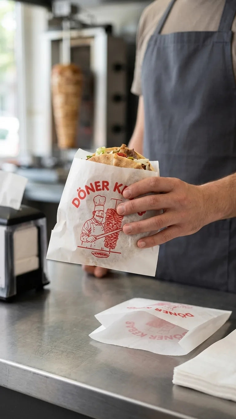 Döner kebab servido com um saco de papel kebab da RAS Embalagens
