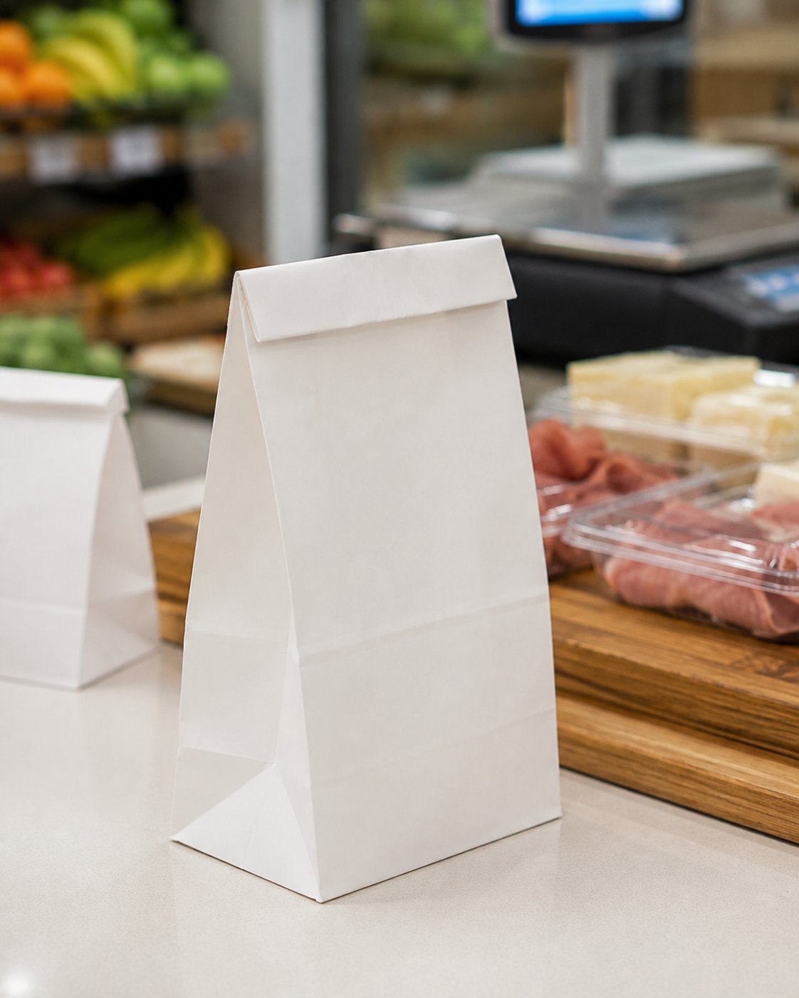 Sacos de papel kraft branco revestido a PP prontos para take-away — RAS Embalagens