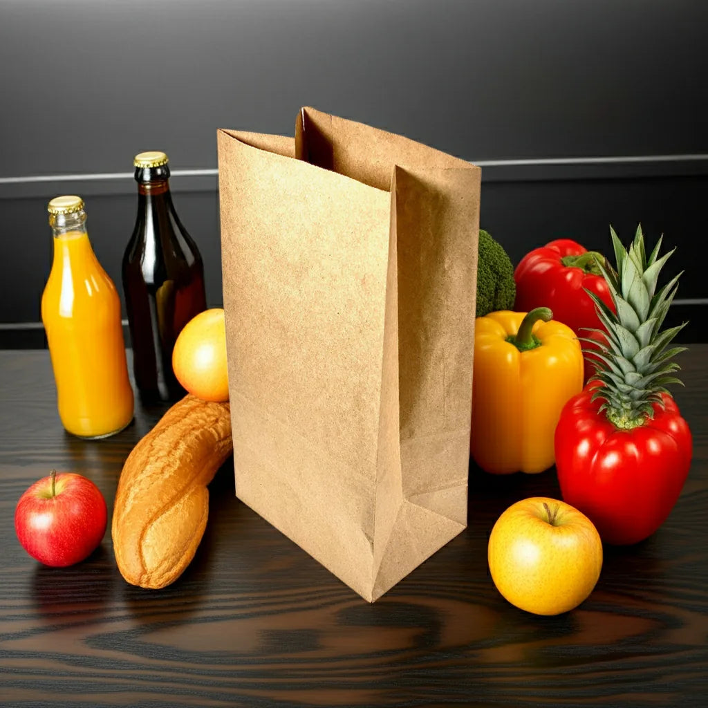 Saco de papel tipo americano em kraft numa bancada com pão, fruta, legumes e garrafas