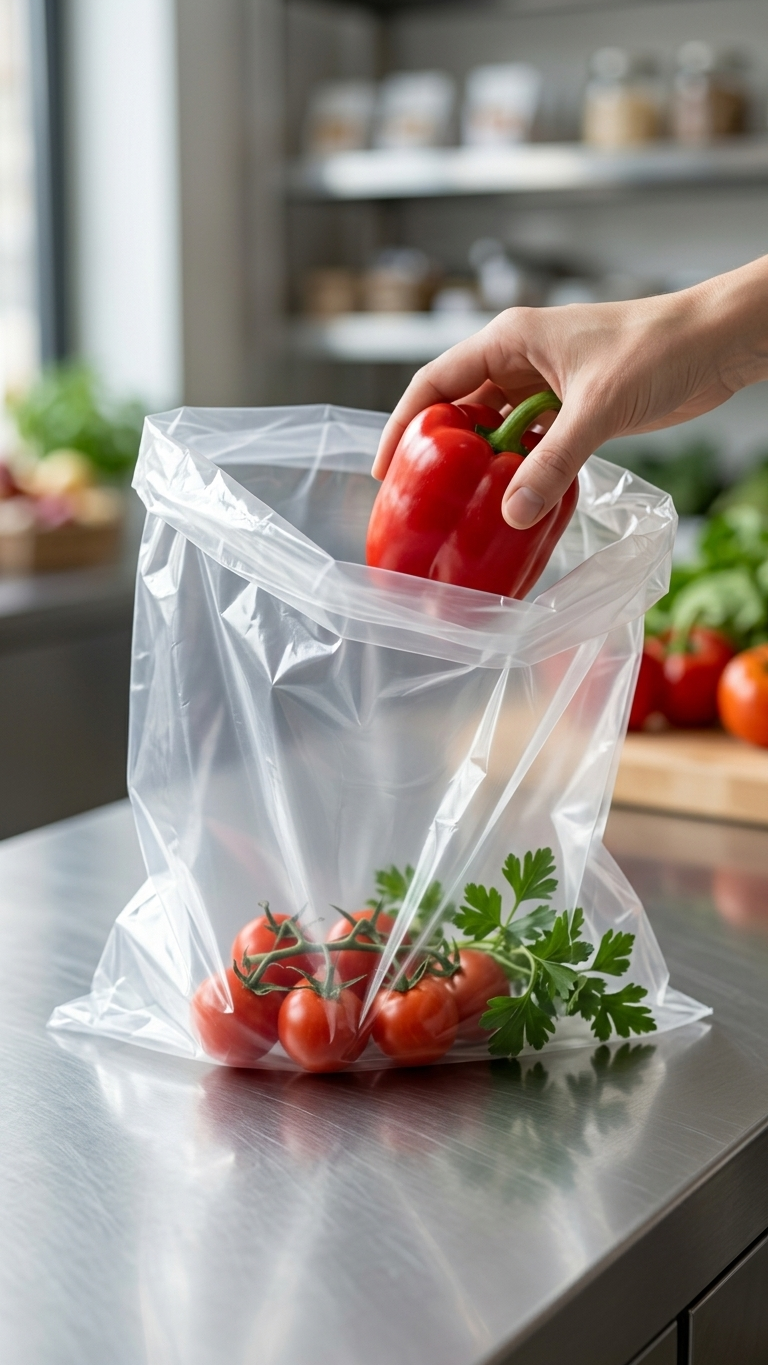 Alimentos frescos guardados num saco PEBD incolor transparente — RAS Embalagens