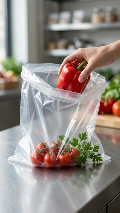 Alimentos frescos guardados num saco PEBD incolor transparente — RAS Embalagens