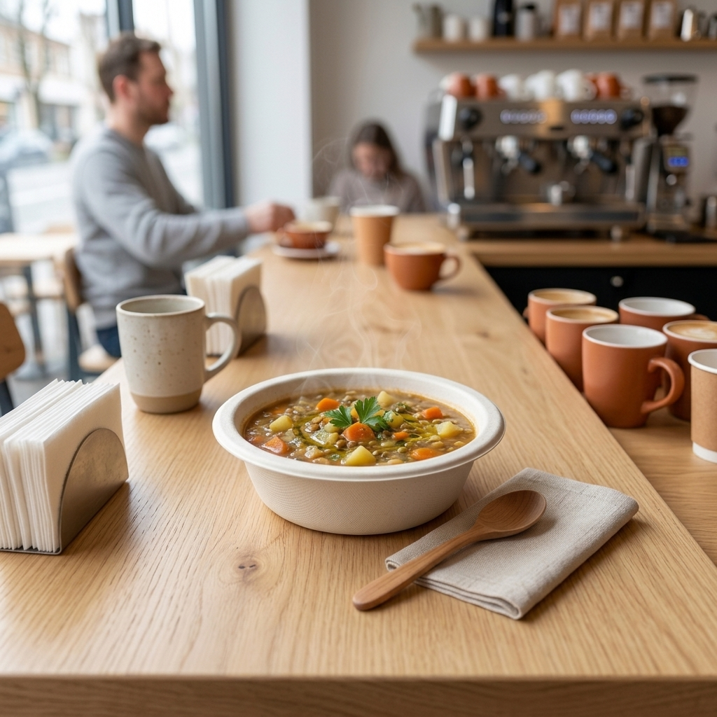 Taças de sopa em papel Gkraft de 450ml servidas numa mesa — RAS Embalagens