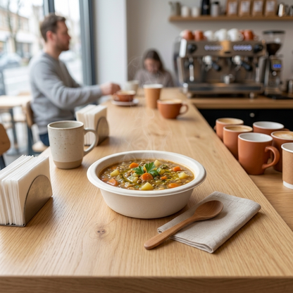 Taças de sopa em papel Gkraft de 450ml servidas numa mesa — RAS Embalagens