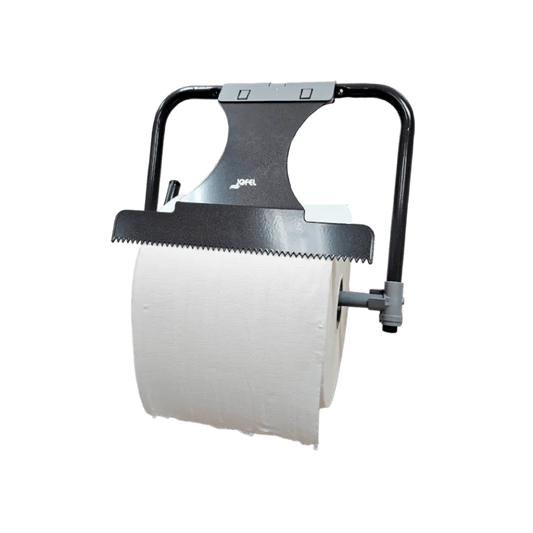 Suporte metálico de parede para rolo industrial de papel, com rolo colocado e lâmina de corte