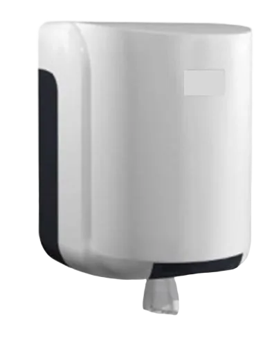 Suporte Zeta dispensador de papel branco e cinzento, com papel a sair pela base