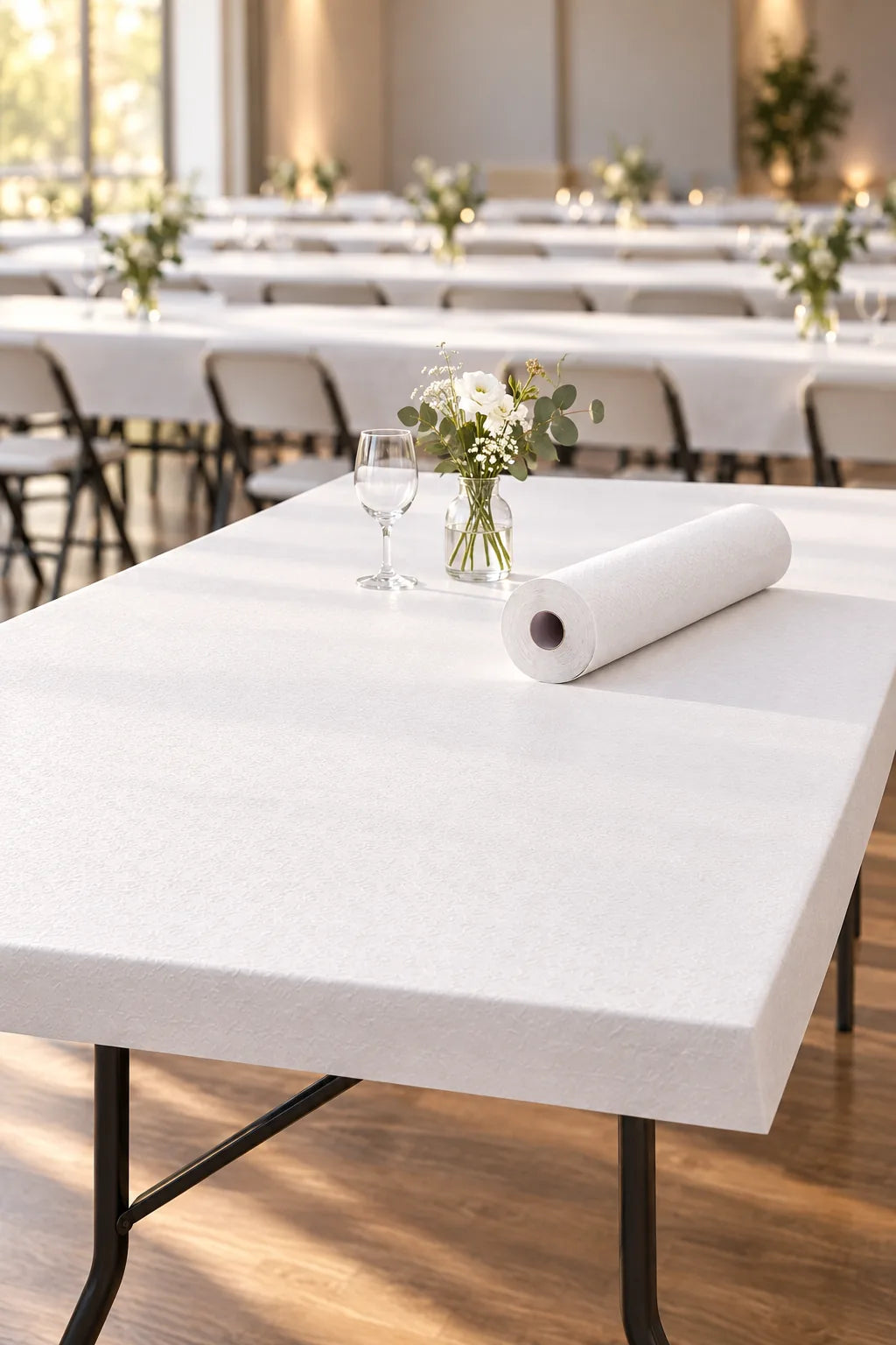 Mesas de catering cobertas com toalha de mesa de papel em rolo