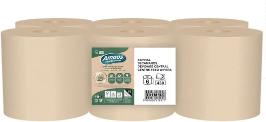Pack de 6 rolos de toalha de mão espiral Amoos Naturally Soft em cor natural