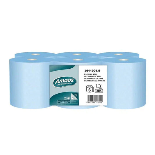 Pack de 6 rolos de toalha de mão mecha Amoos azul de 120 m, com etiqueta Amoos Professional