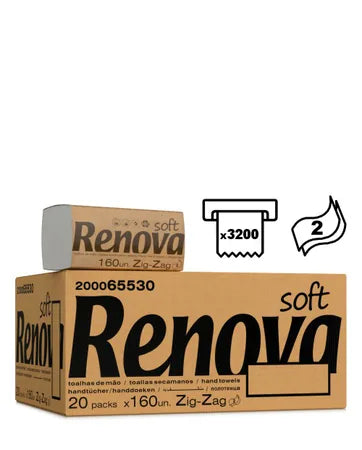 Caixa de 3200 toalhas de mão Renova Soft Zig Zag de folha dupla, com um pack de 160 unidades por cima