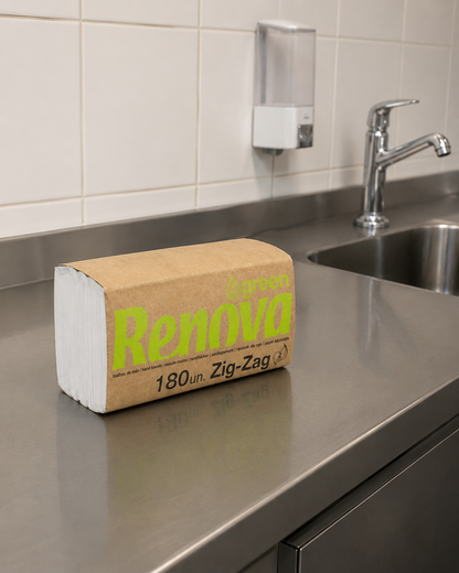 Toalhas de mão de papel folha dupla Renovagreen Zig Zag junto ao lavatório de um café