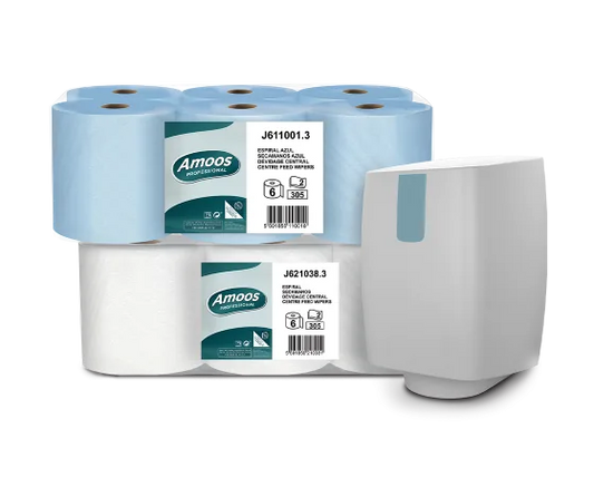 Packs de toalha de mão Zeta Amoos em azul e em branco, ao lado de um dispensador de extração central