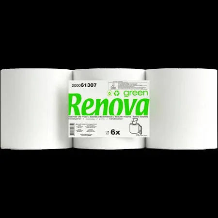 Pack de 6 rolos de toalha de mão Zeta Renova Green de 90 m em fundo preto