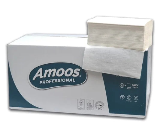 Caixa de toalhas de mão ZigZag Amoos Professional 21x25 cm de 2 folhas, com um maço por cima