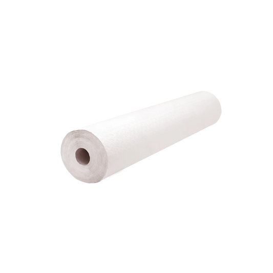 Rolo de toalha de mesa de papel branca, em fundo cinzento